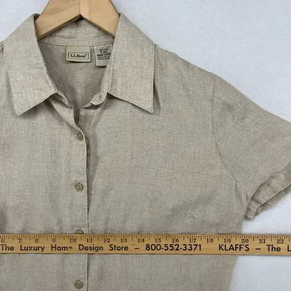 LL BEAN Shirt Womens S Washable Linen Button Up Short Sleeve Woven Beige - Picture 11 of 12